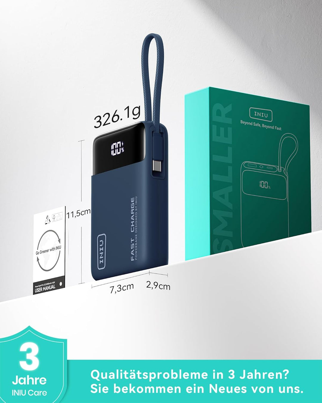 INIU 45W Power Bank, Ultra Klein 20000mAh Powerbank mit Integriertem USB C Kabel, Schnellladen Exter
