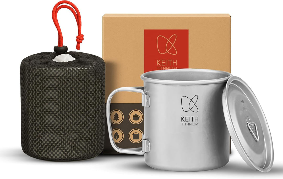 Keith Titanium Einwandiger Titanbecher, Tragbarer Kaffeebecher mit Deckel & klappbarem Henkel, Trink