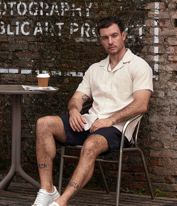 VATPAVE Herren Gestreifte Sommerhemd Casual Button Down Kurzarm Strand HawaiiHemd M Khaki, M Khaki