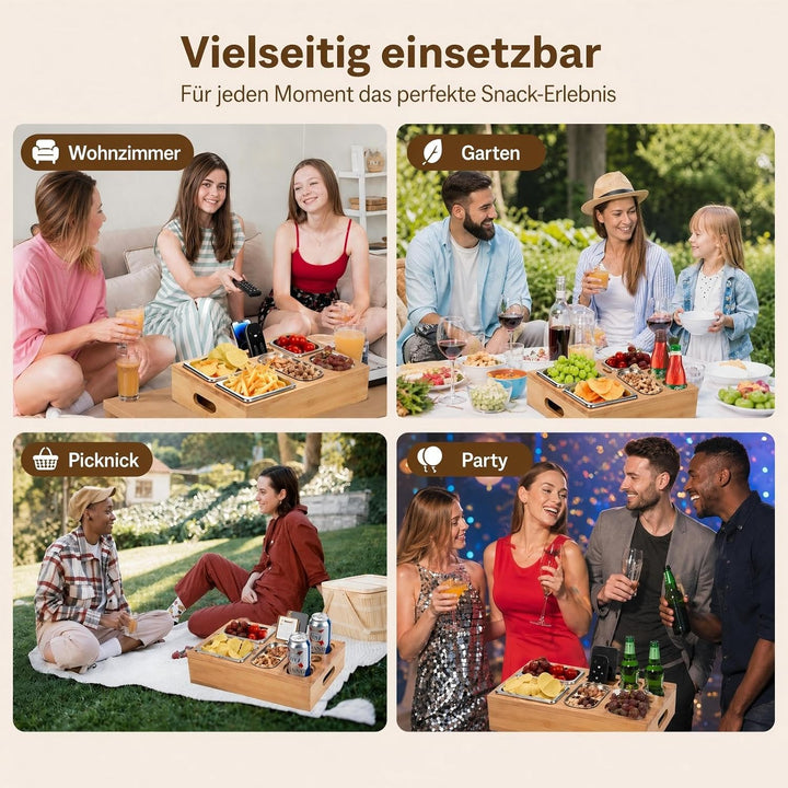 Couchbar Snackbox, Bambus Sofa Tablett mit 2 Getränkehaltern | 3 Snackschalen aus Edelstahl, Geschen