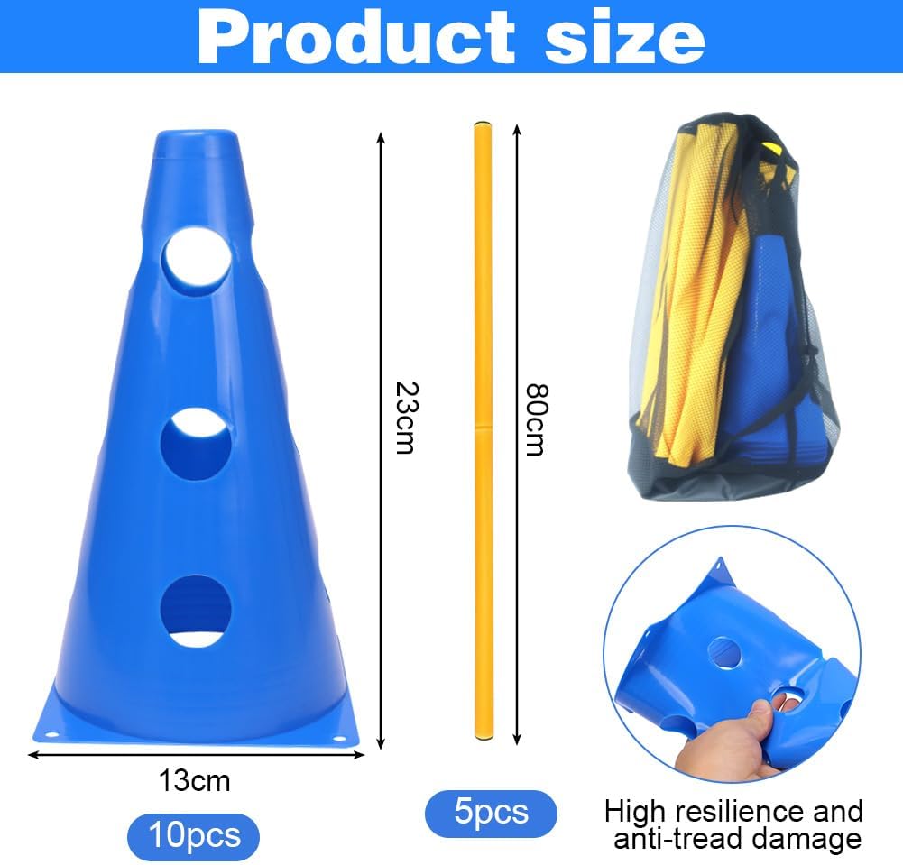 Sports Steckhürdenset 10 Kegel + 5 Stangen, 23cm Höhe, 80cm Länge, Koordinationstraining für Kinder,