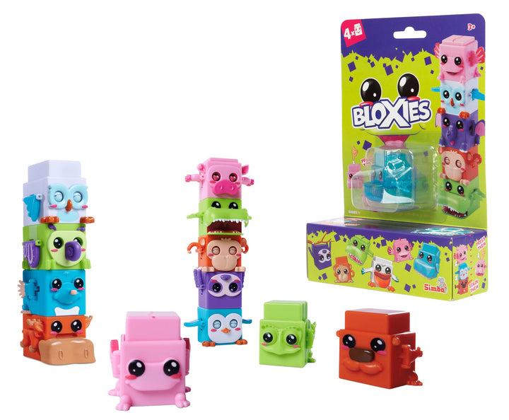 Simba 105952627 - Bloxies Figur (4 Stck.) - Tier-Bausteine zum Stapeln und Sammeln mit Bewegungseffe