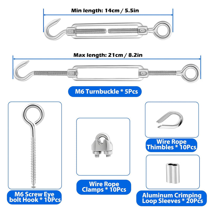 TooTaci 3mm Edelstahlseil Set, 30M/3mm Edelstahl Drahtseil Spanndraht 7×7, M6 Seilspanner Edelstahl
