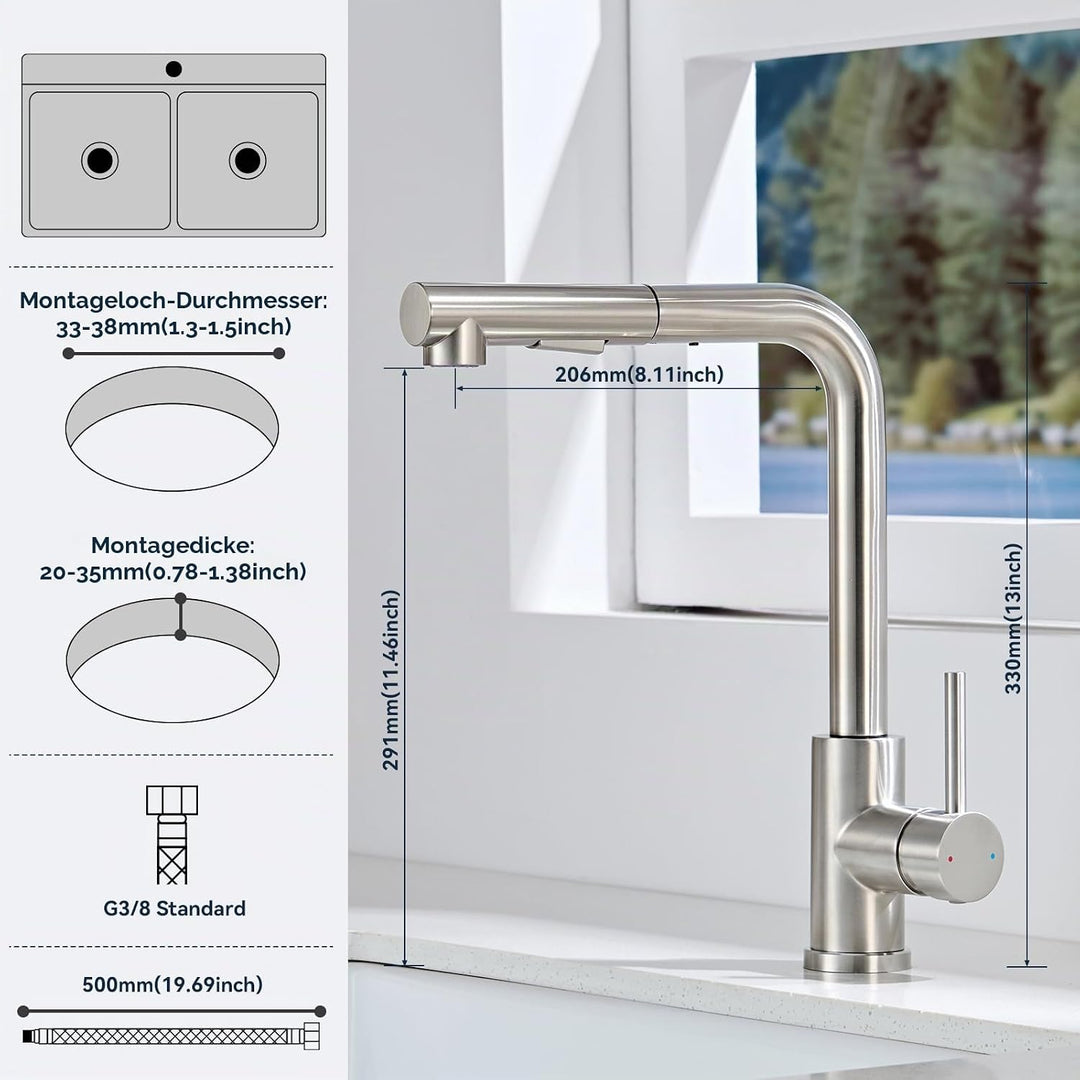 Wasserhahn Küche Ausziehbar, Küchenarmatur mit Brause 2 Modus, Hochdruck Mischbatterie Spültischarma