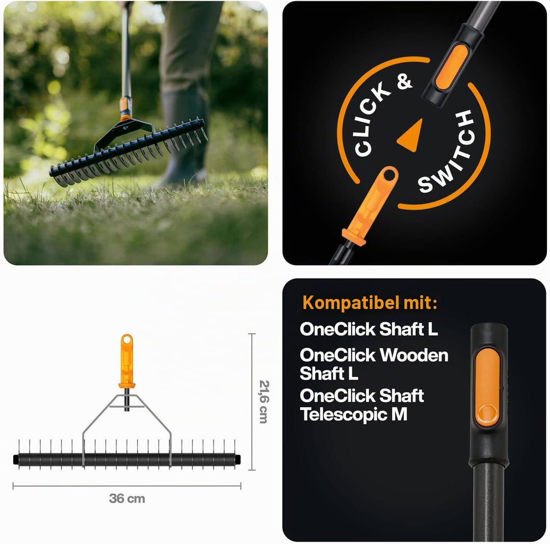 Fiskars OneClick Rasenlüfter, Rechen-Aufsatz zum Entfernen von Moos und Rasenfilz, Müheloses Wechsel