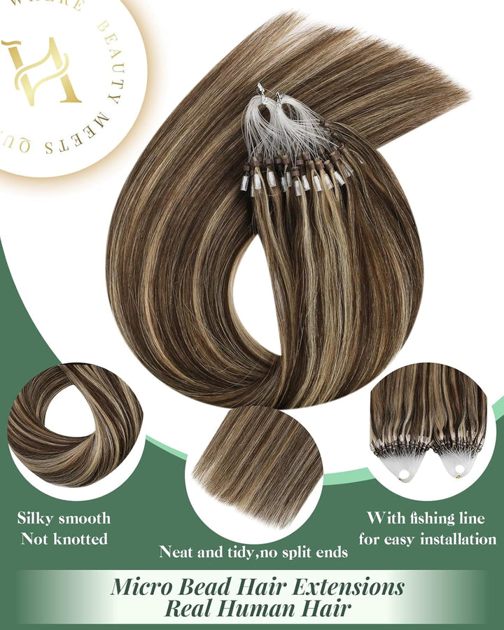 Ugeat Micro Bonding Extensions Echthaar P4/27 Dunkelbraun zu Karamellblond Gesträhnt Extensions Micr