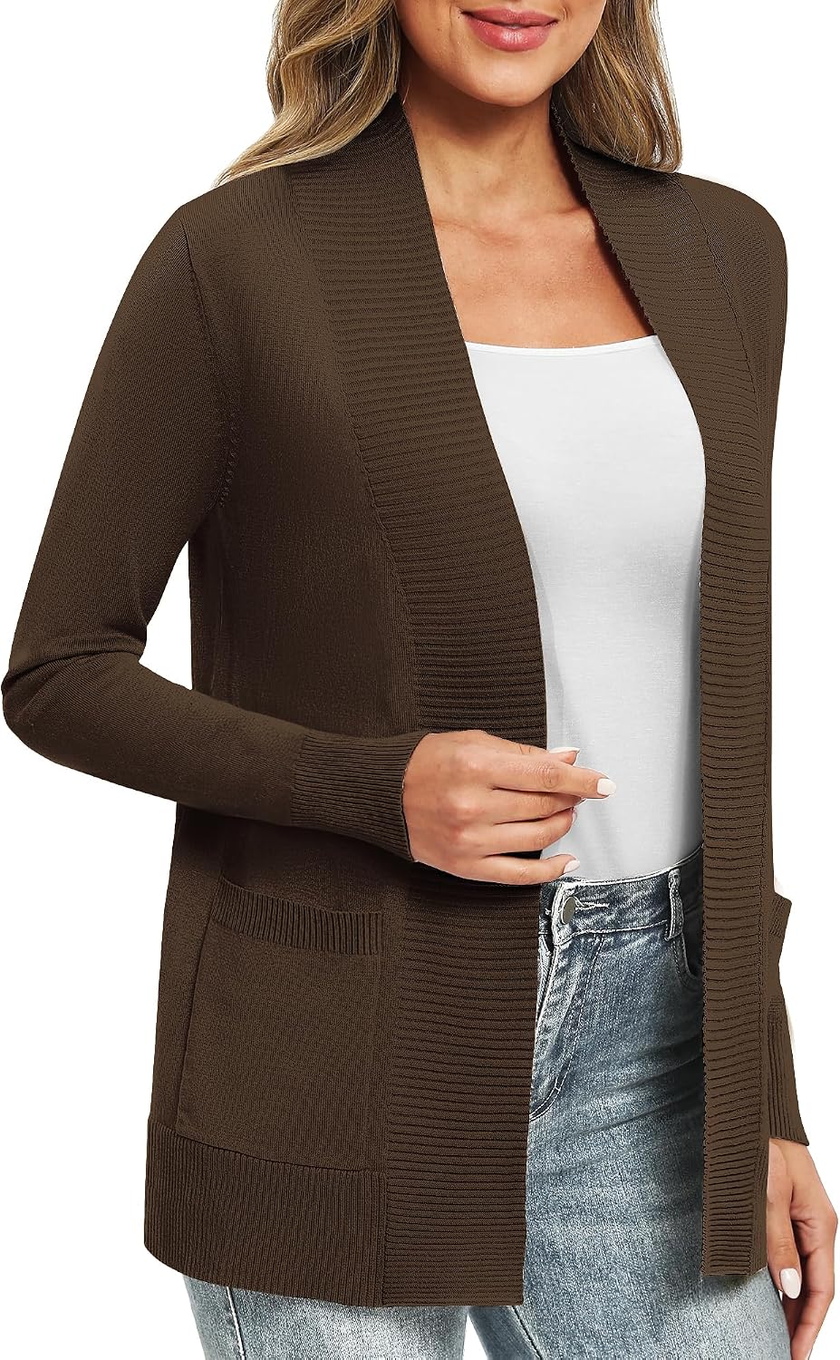 EXCHIC Damen Lange Ärmel Gestrickt Strickjacke Leicht Gemütlich Offene Vorderseite Lange Freizeitjac