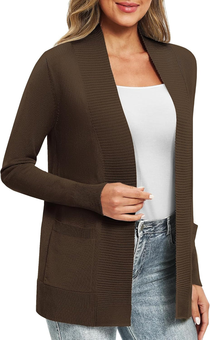 EXCHIC Leicht Damen Lange Ärmel V-Ausschnitt Lange Gestrickt Cardigan Gemütlich Offene Front Strickj