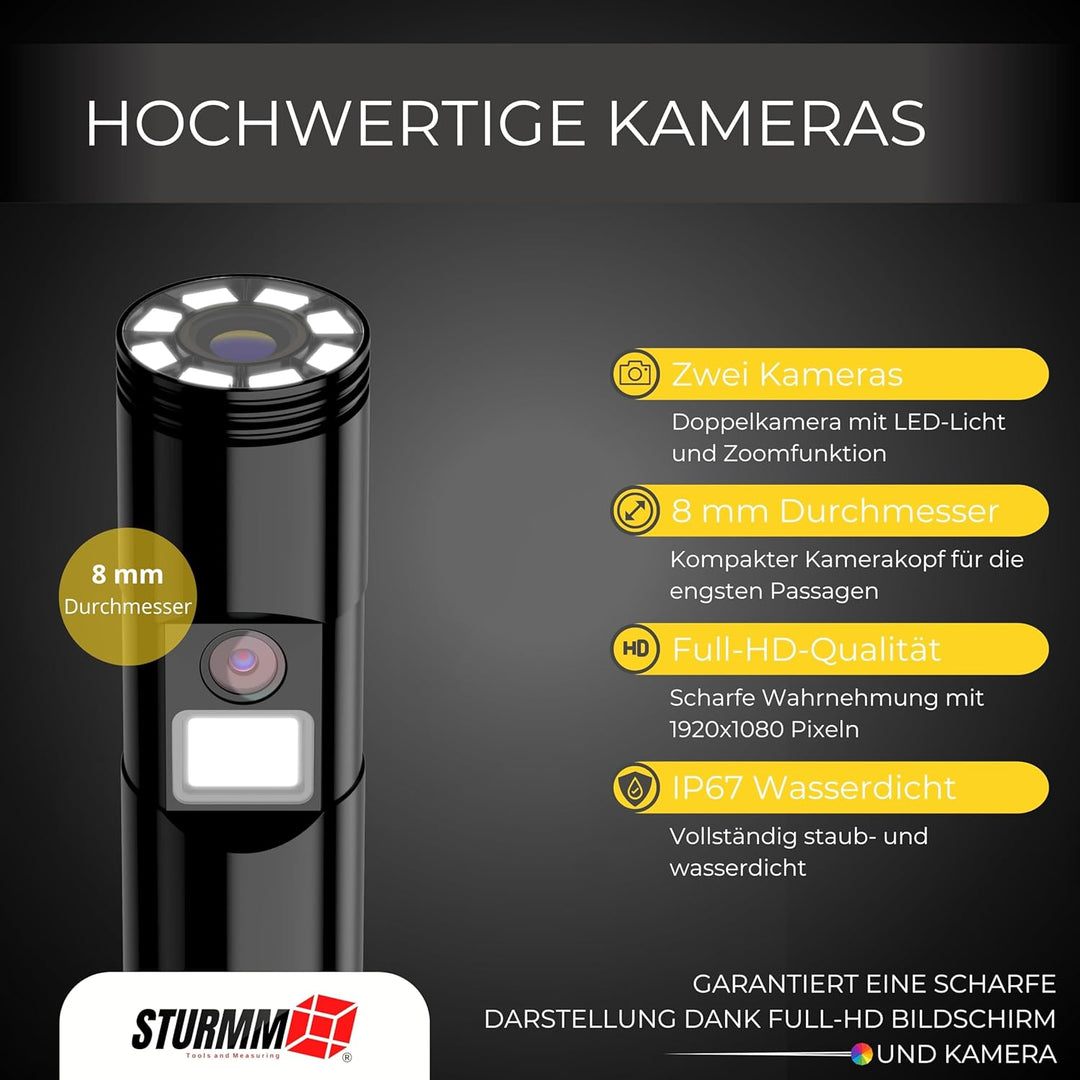 Industrielles Endoskop mit Doppelkamera, 10 Meter Kabel und 4,5-Zoll-IPS-Display.