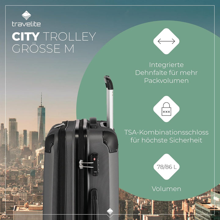 travelite 4-Rad Koffer M mit TSA Schloss + Dehnfalte, Gepäck Serie CITY: Robuster Hartschalen Trolle