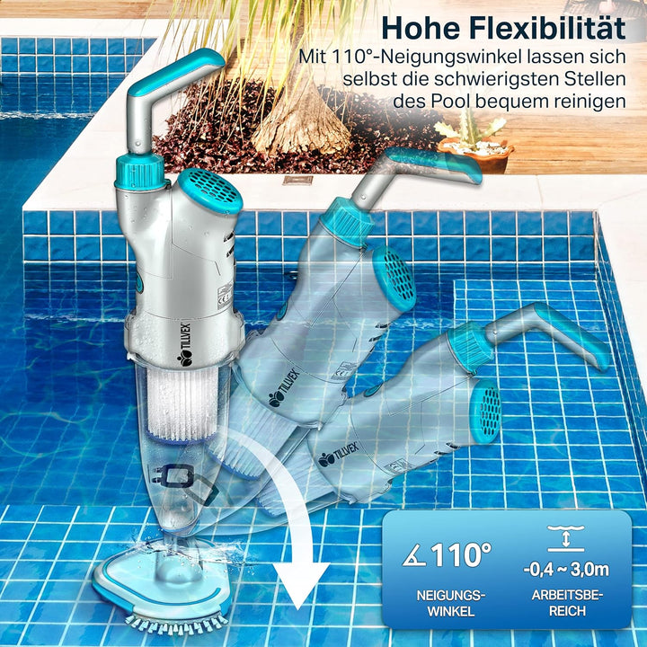 tillvex Poolsauger mit Akku | Pool Bodensauger Teleskopstange elektrisch | Poolreiniger mit Filter &amp;