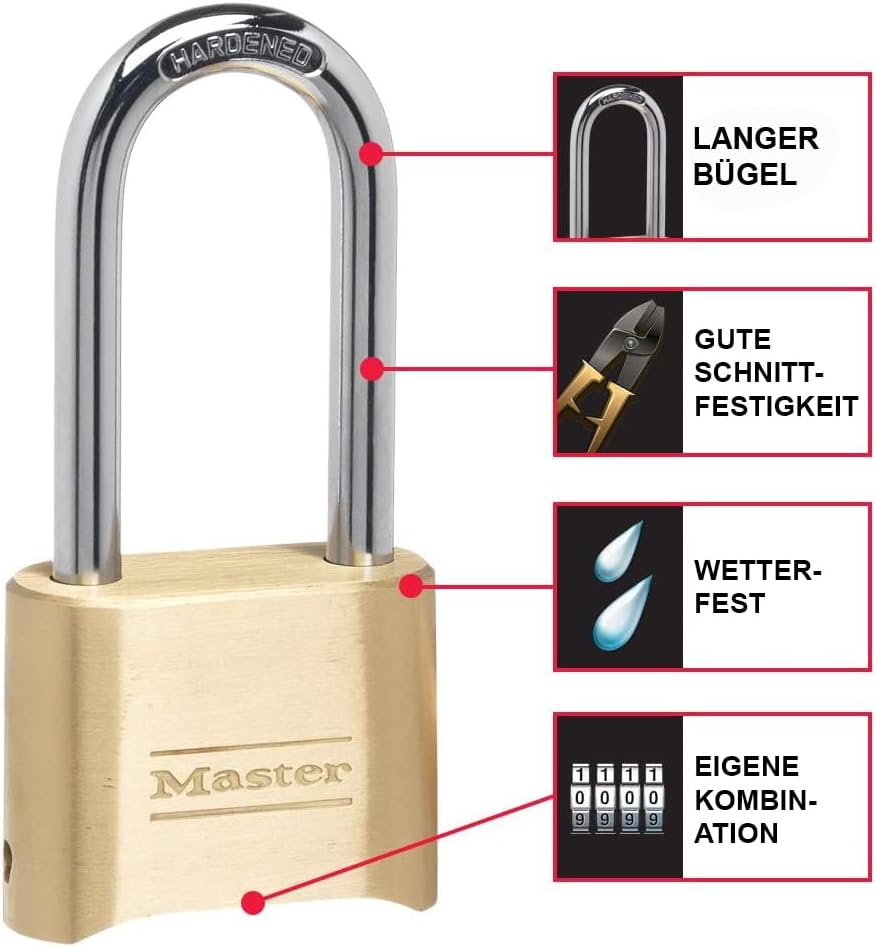 Master Lock 175EURDLH Zertifiziertes Zahlenschloss mit massivem Gehäuse und Langem Bügel, Gold, 10,7
