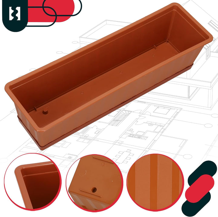 KOTARBAU® 4er Set Blumenkasten - Blumentopf für Balkon - 60 x 18 x 14 cm - Terrakotta - Balkonkasten