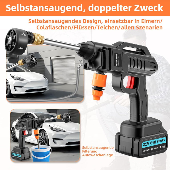 Akku Hochdruckreiniger, 21V, 100 bar, tragbarer Druck mit 2 x 3000 mah Lithium-Akku, 6-in-1-Düse, 5