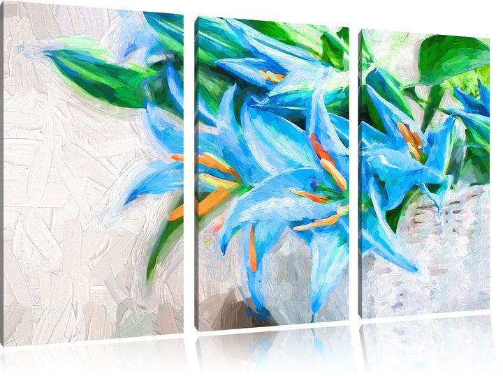 Pixxprint Blaue Blumen im Körbchen als Leinwandbild/Grösse: 3 Teilig (120x80 cm) cm/Wandbild/Kunstdr