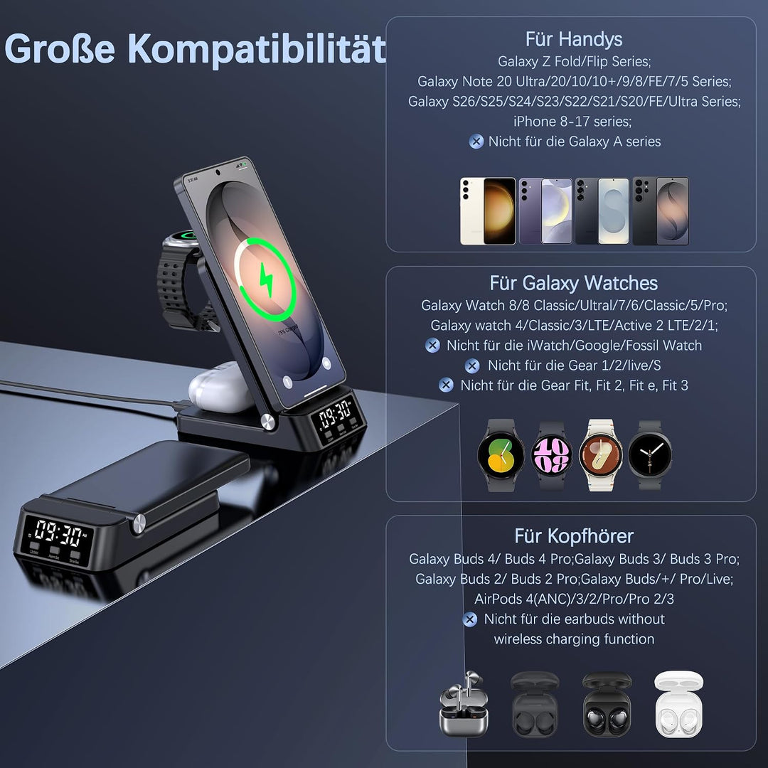 Induktive Ladestation für Samsung,4-in-1 Wireless Charger für Galaxy | S26/S25 Ultra/S24 Ultra/Z Fli