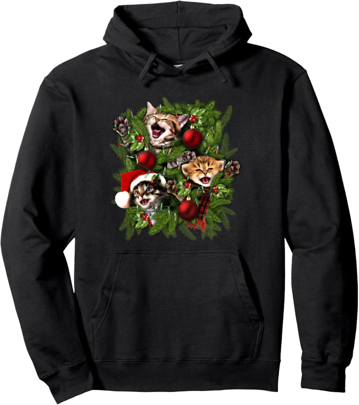 Christmas Vintage Kitten Tree Holiday Wreath Portrait Pullover Hoodie