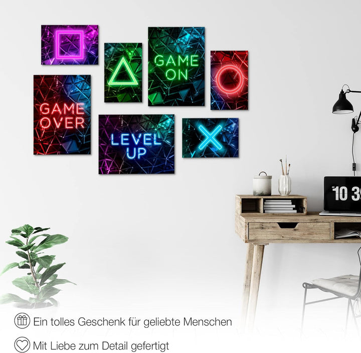 Wandbilder Spielkonsole Gamer - KOMPLETT AUFHÄNGFERTIG - Bunt Kinderzimmer Junge Teenager- 7 Moderne