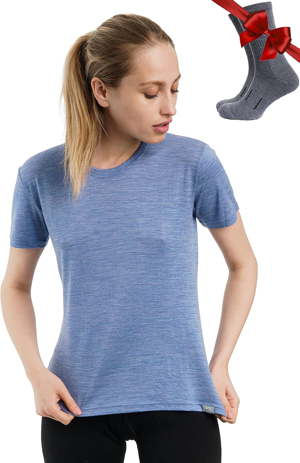 Merino.tech 100% Merino T Shirt Damen - Merinowolle Sport Wandern Thermoshirt Damen + Wandersocken D
