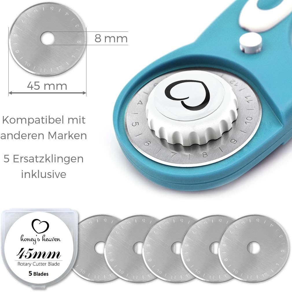 Honey's Heaven 45 mm Rollschneider Stoffschneider Set inkl. Schneideunterlage, Ersatzklingen, Stoffk