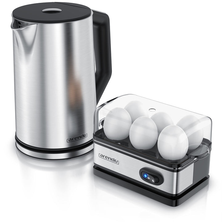 Arendo - SET Wasserkocher ELEGANT mit Eierkocher THREECOOK Edelstahl Silber, Wasserkocher 1,5L 40° -