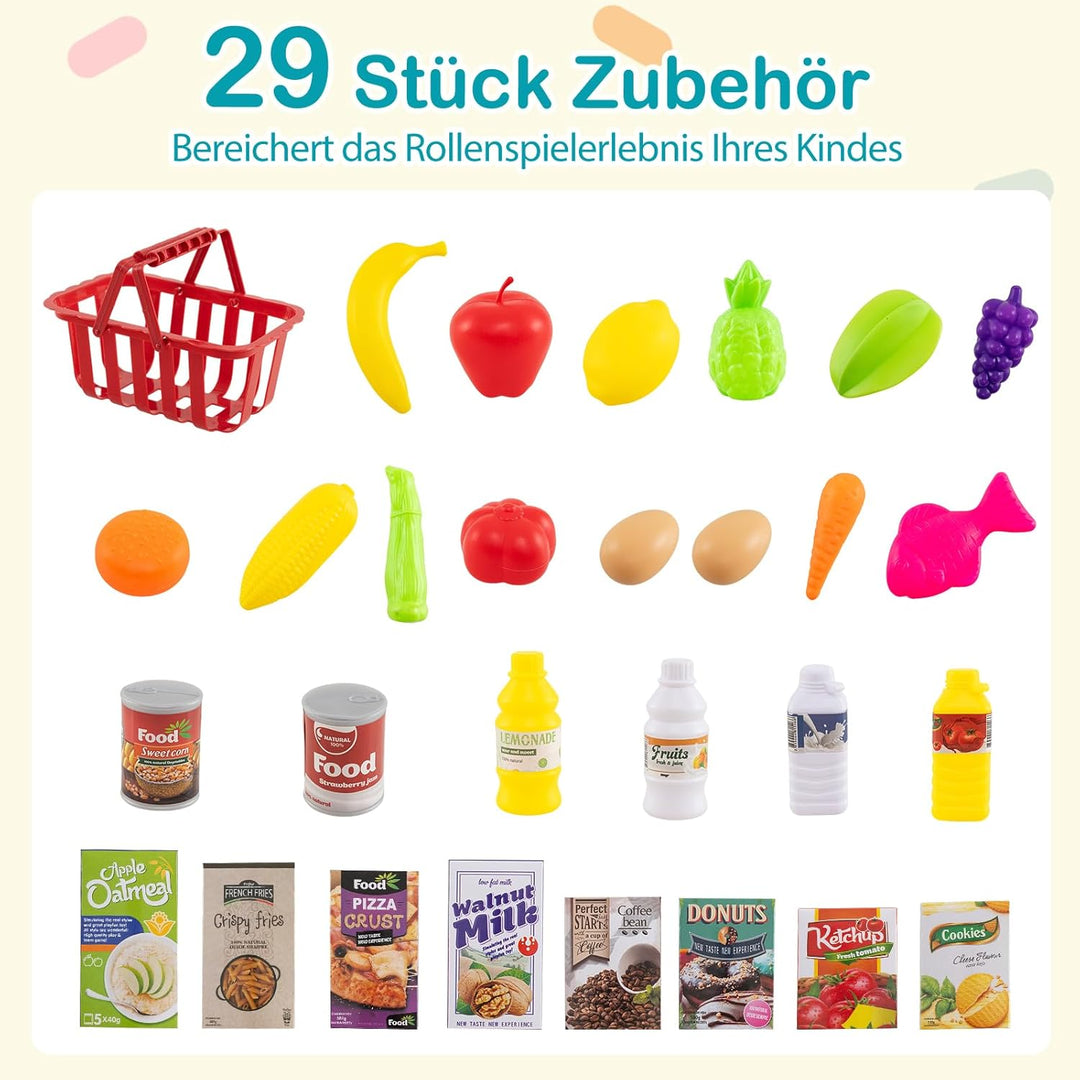 COSTWAY Kaufladen mit Einkaufswagen, Kinder Kaufmannsladen mit Waage, Regalen, Scanner mit Licht & S
