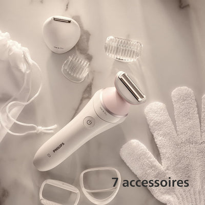 PHILIPS Lady Shaver Series 6000, Kabelloser Rasierer mit 6 Zubehörteilen Körperpeeling-Handschuh, Tr