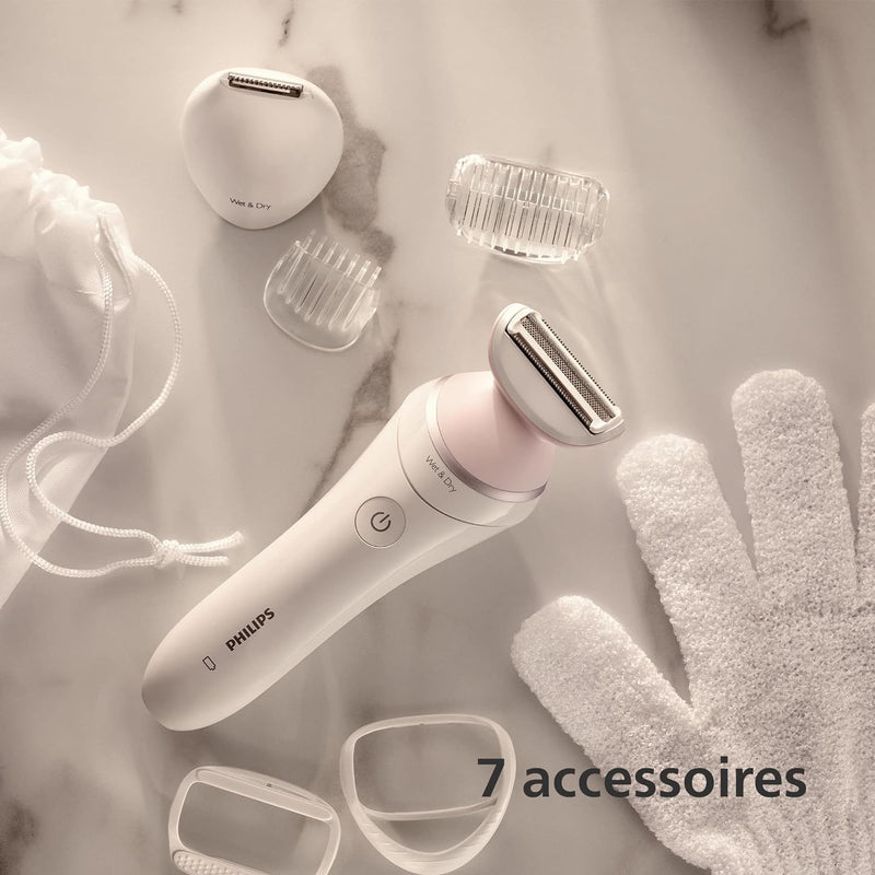 PHILIPS Lady Shaver Series 6000, Kabelloser Rasierer mit 6 Zubehörteilen Körperpeeling-Handschuh, Tr