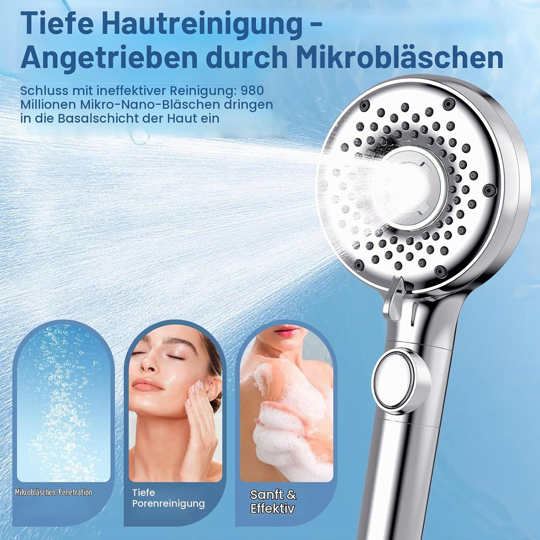 Luxear Duschkopf mit Filter, 5 Strahlarten Hochdruck Duschbrause mit Stoppfunktion Mikroblasen-Techn
