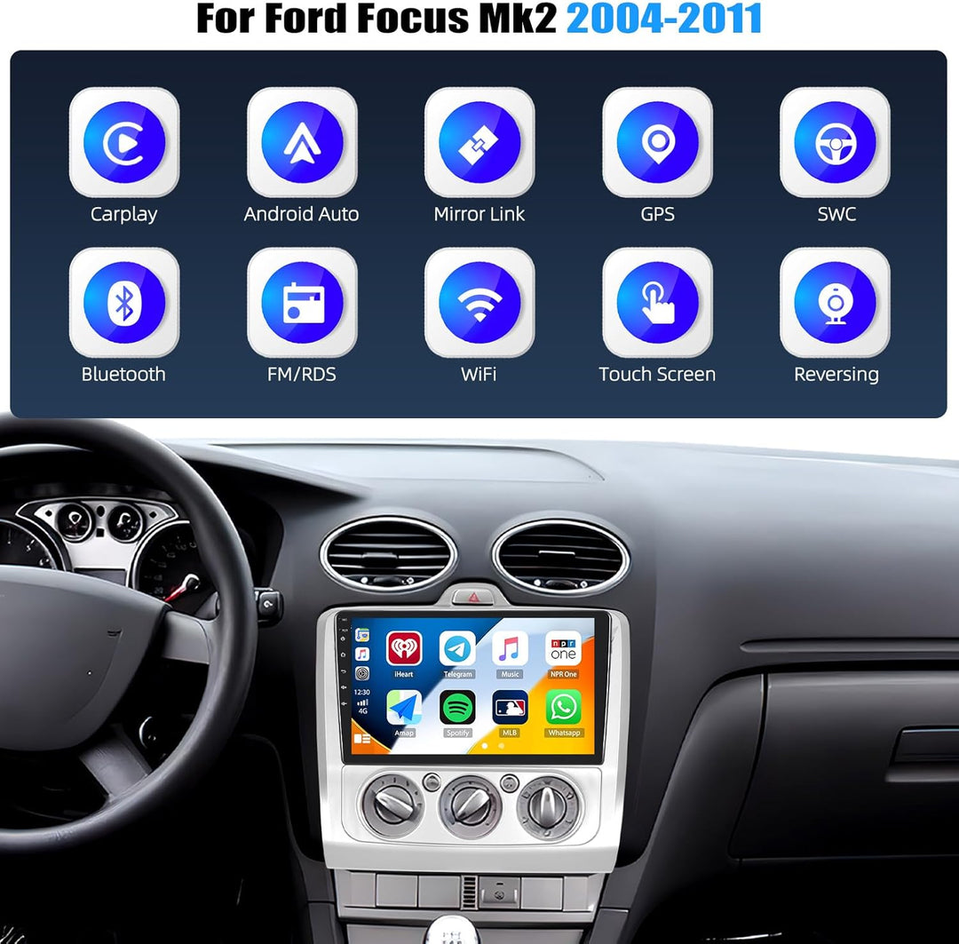 CAMECHO 4+64G Android 15 Autoradio 9 Zoll für Ford Focus Mk2 2004-2011, Navi Radio mit GPS WiFi Wire