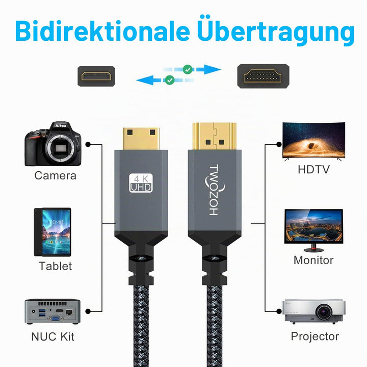 Twozoh Mini HDMI auf HDMI Kabel 2M 2 Stück, Nylon Geflochten HDMI auf Mini HDMI Unterstützt 3D/4K@60