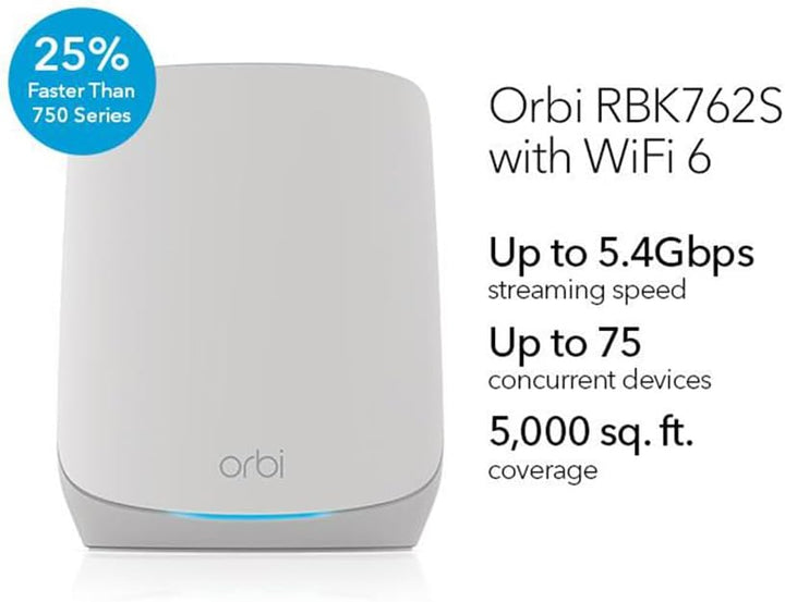 NETGEAR Orbi RBK763S WiFi 6 Mesh WLAN System (5400 MBit/s Geschwindigkeit, TriBand WiFi 6 Router + 2