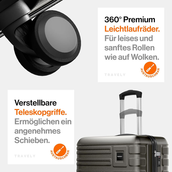 Travely Premium Koffer Set: 28", 24" & Handgepäck Koffer in einem Set. Mehr als 250L Volumen zusamme