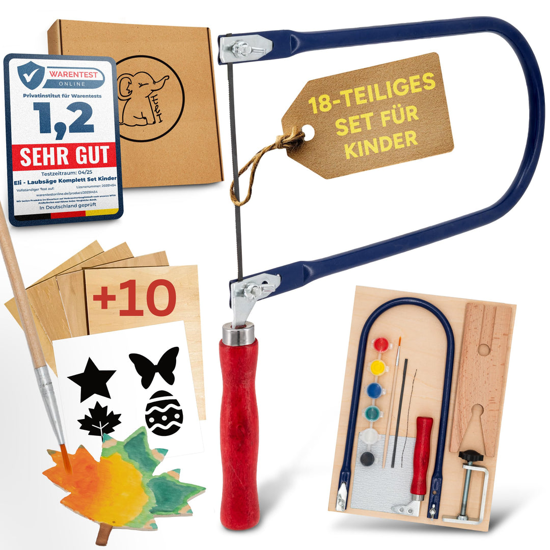Eli® Laubsäge für Kinder inkl. 14 Sperrholzplatten - Komplett Set für Laubsägen inkl kreative Vorlag