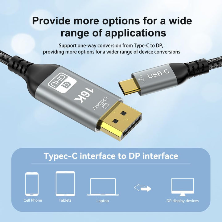 YIWENTEC USB-C zu DisplayPort 2.1 Kabel, 40Gbps, 16K 30Hz, 8K 60Hz, 4K 240Hz, Thunderbolt 4/3 zu DP,