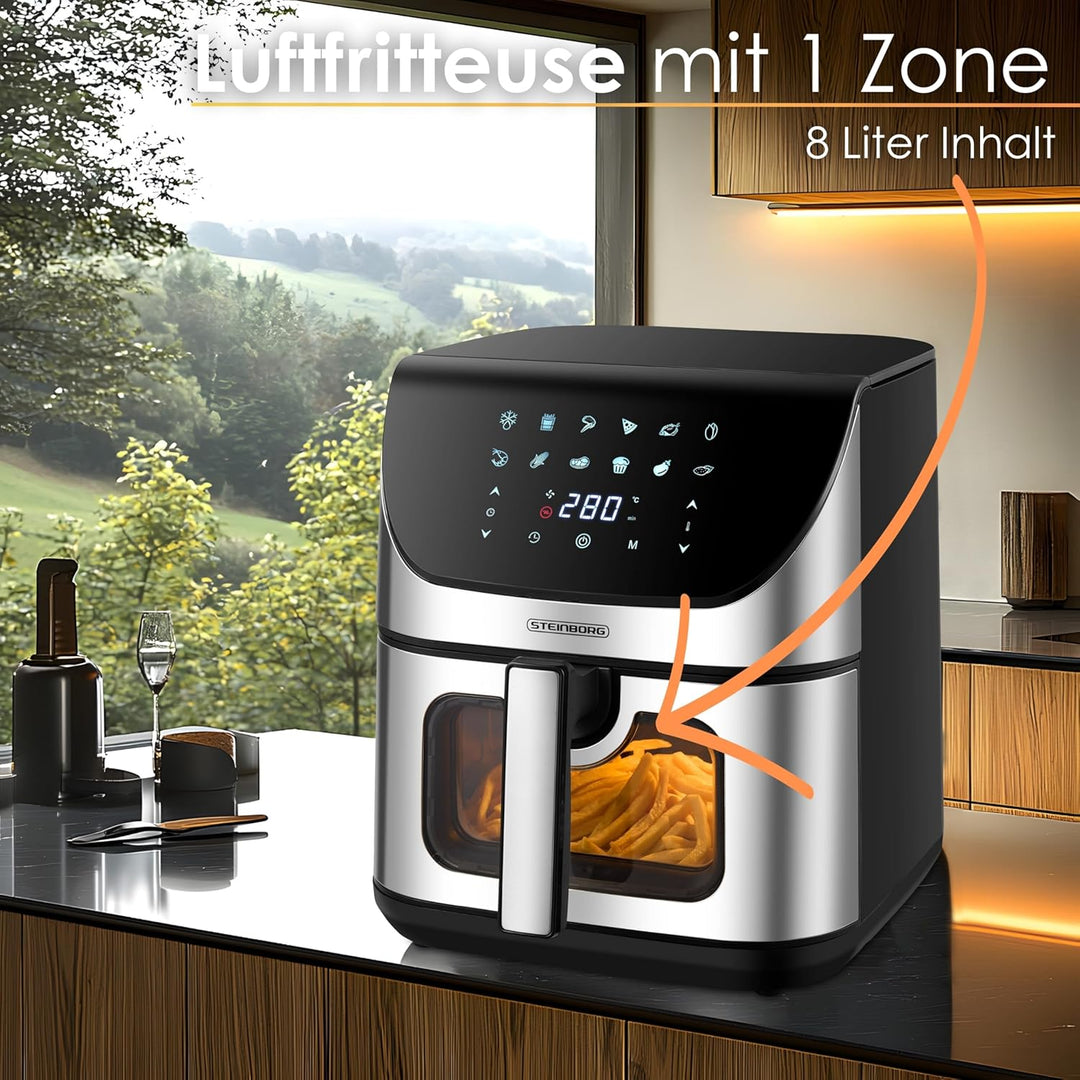 Heissluftfritteuse 8 Liter 4 in 1 Sichtfenster Mini Backofen Grillen Backen Dörren Frittieren Heissl