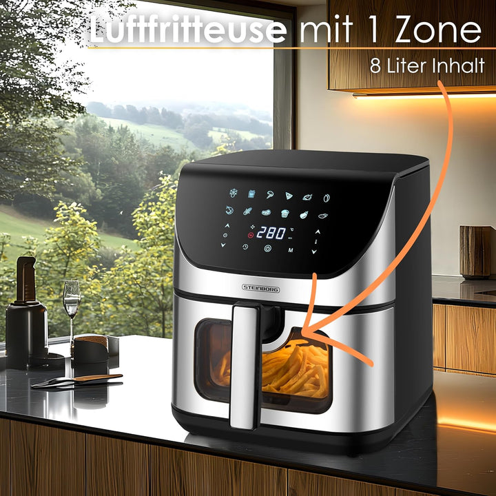 Heissluftfritteuse 8 Liter 4 in 1 Sichtfenster Mini Backofen Grillen Backen Dörren Frittieren Heissl