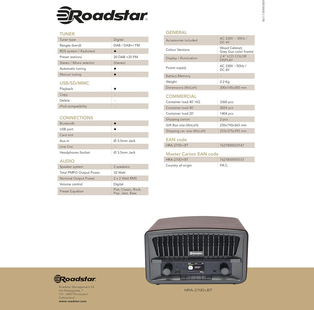 Roadstar HRA-270 D+BT Retro-Radio (Nostalgieradio mit DAB+/FM, Bluetooth, USB/MP3-Player, Aux-In und