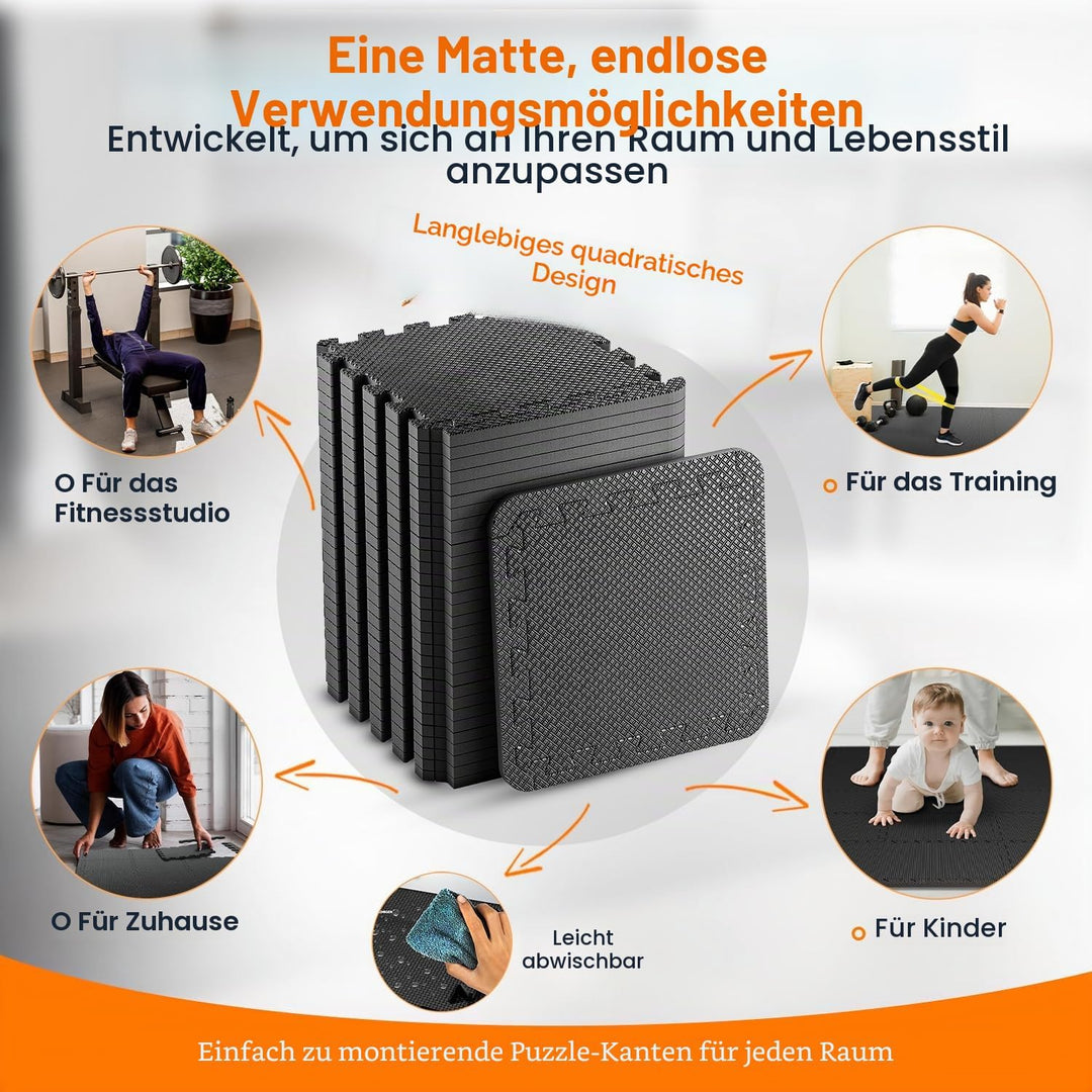 24 St. Bodenschutzmatte Fitness, mit Rand 20 St; Schwarz Viereckig je 30,5x30,5cm, 1cm Dick. Gesamt