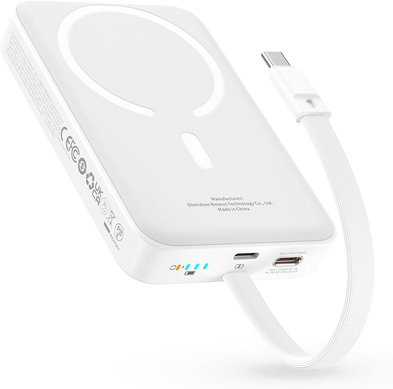 Baseus Magsafe Powerbank PD 30W, 10000mAh Magnetische Externe Batterie mit Integriertem USB-C Kabel