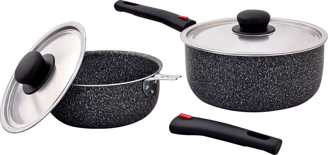 BERGER Stone Rock Aluminium Kasserollen Set 6-tlg I stapelbares Kochgeschirr mit 2 Töpfen, Deckeln &