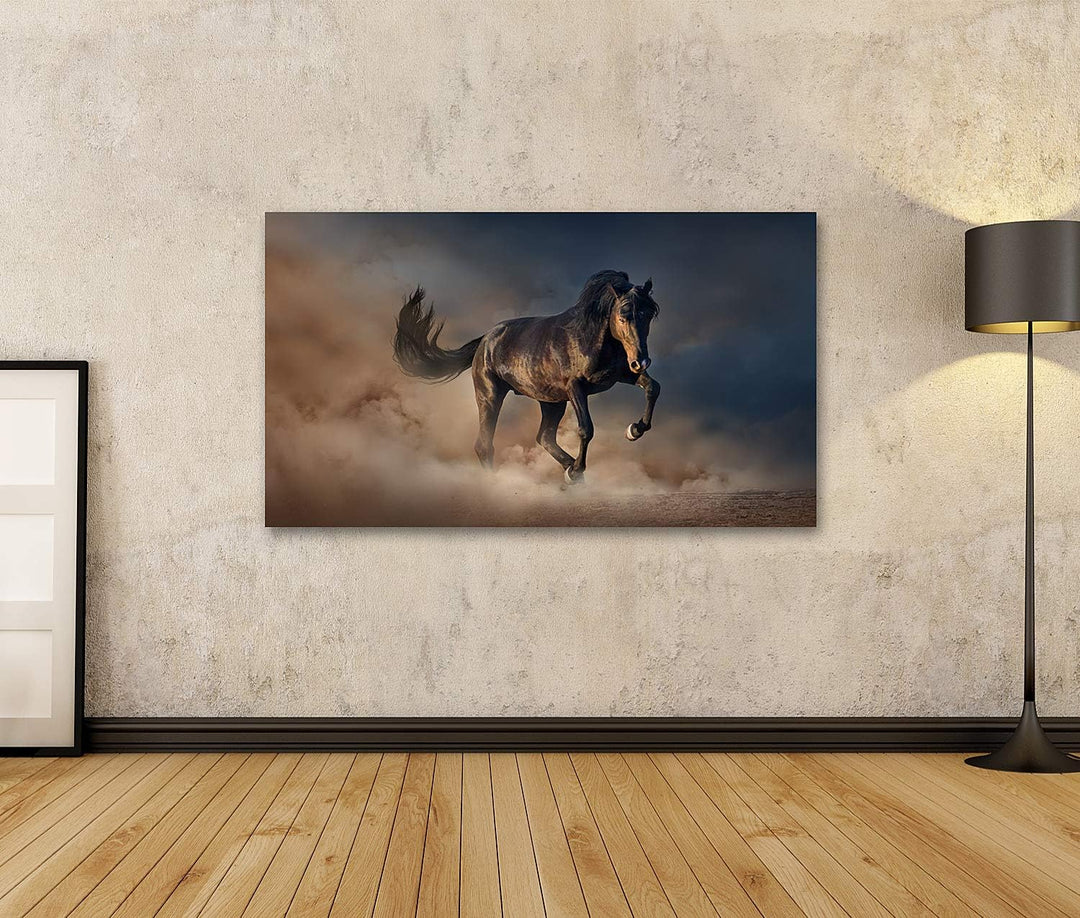 islandburner Bild auf Leinwand Schwarzer Hengst Pferd Bilder Wandbilder Poster, Leinwand 80x40cm