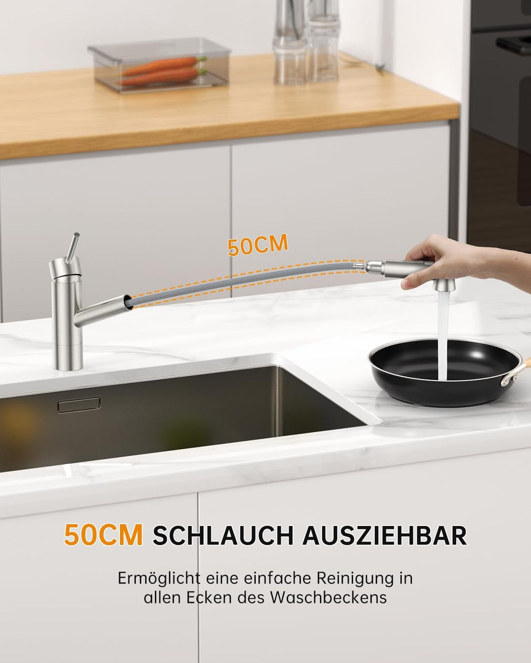 DAYONE Niederdruck Wasserhahn Küche, Niederdruck Küchenarmatur mit Ausziehbarer Brause, 3 Anschlüsse