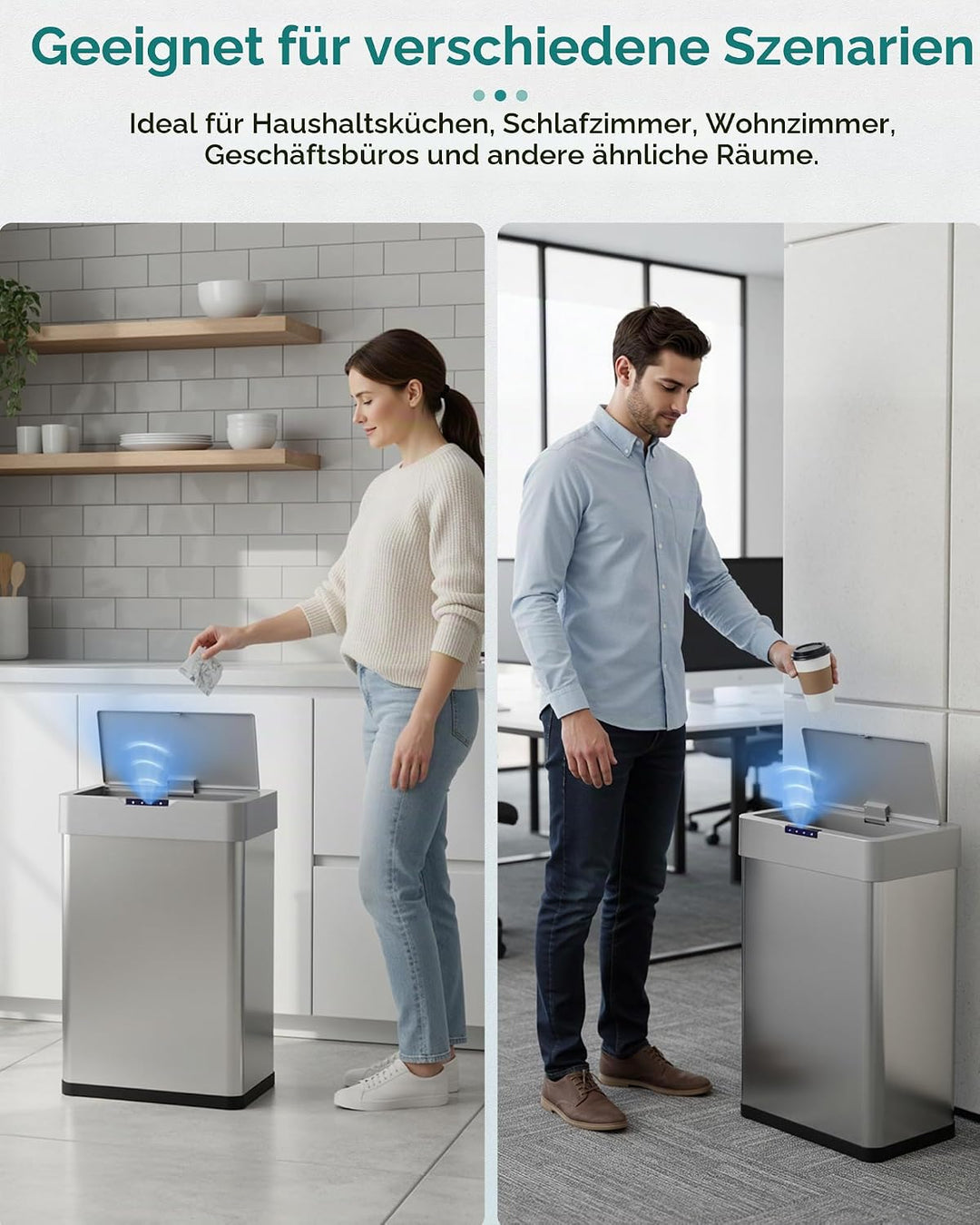 LIFERUN Mülleimer mit Sensor, Mülleimer Küche 60 Liter, Elektrisch Deckel mit Klemmring für Müllbeut