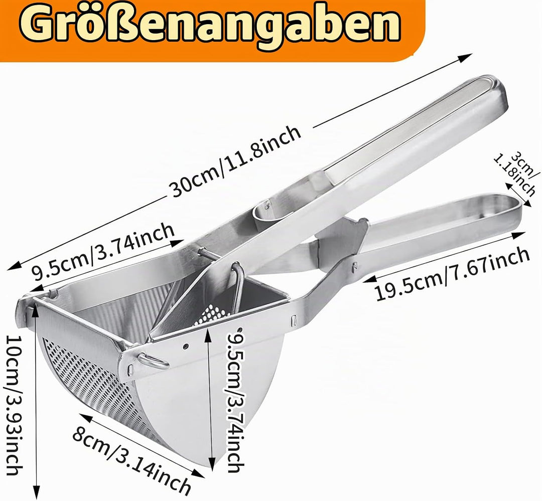 Kartoffelpresse Edelstahl mit Komfortgriff, Grosses Loch Kartoffelstampfer, Spätzlepresse, Einfache