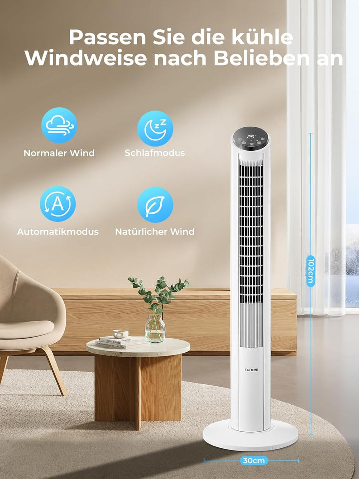 FOHERE Turmventilator 102cm, 12 Stufen Standventilator mit Fernbedienung, 32dB Sehr Leiser, Oszillie