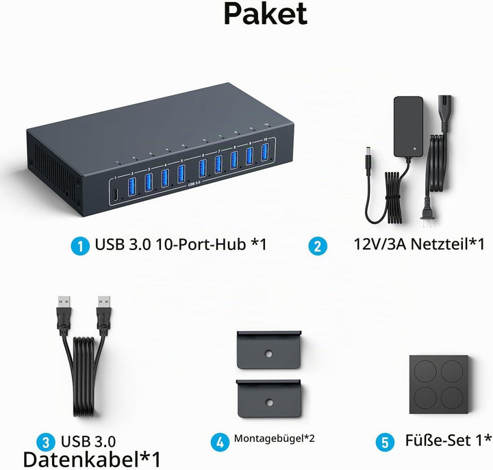 Industrial USB 3.0 Hubs 10 Port 105W Leistung 5Gbps 2.1A Stromversorgung Kompatibel mit Industriekom