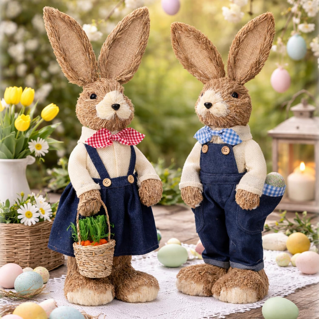 com-four® 2X Stroh Osterhase handgemacht - Deko-Osterhase zur Osterdekoration - Strohfiguren für Ost