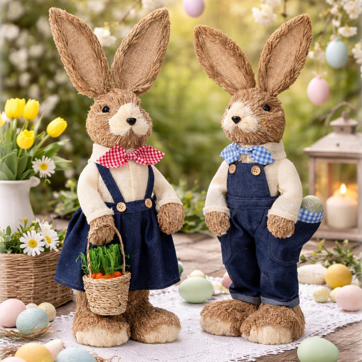 com-four® 2X Stroh Osterhase handgemacht - Deko-Osterhase zur Osterdekoration - Strohfiguren für Ost