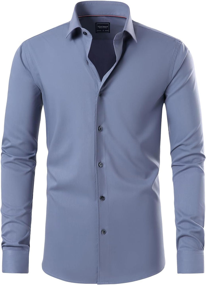 Gollnwe Herren Stretch Bambus Bügelfreies Kleid Shirt Langarm Einfarbig mit umwandelbarer Manschette